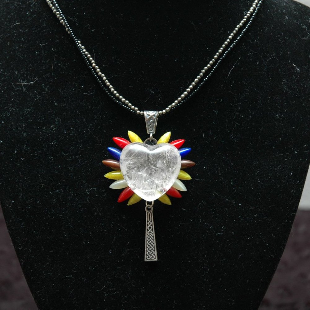 Quartz Crystal Flaming Heart Tribal Necklace